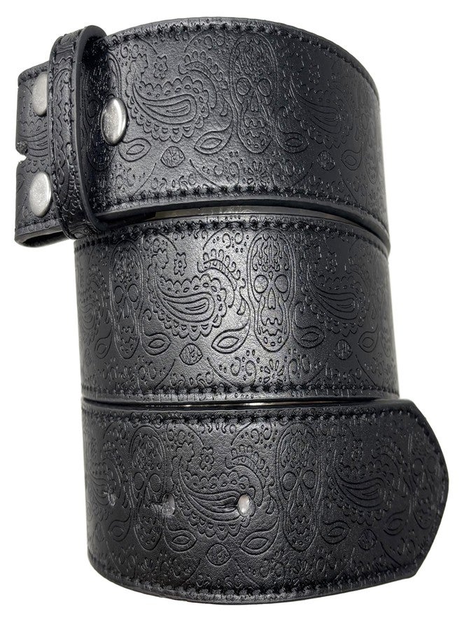 BC Belts Leather Belt Strap with Western Skull and Paisley Embossed Pattern 1.5" Wide with Snaps (Black-M) - Image 1